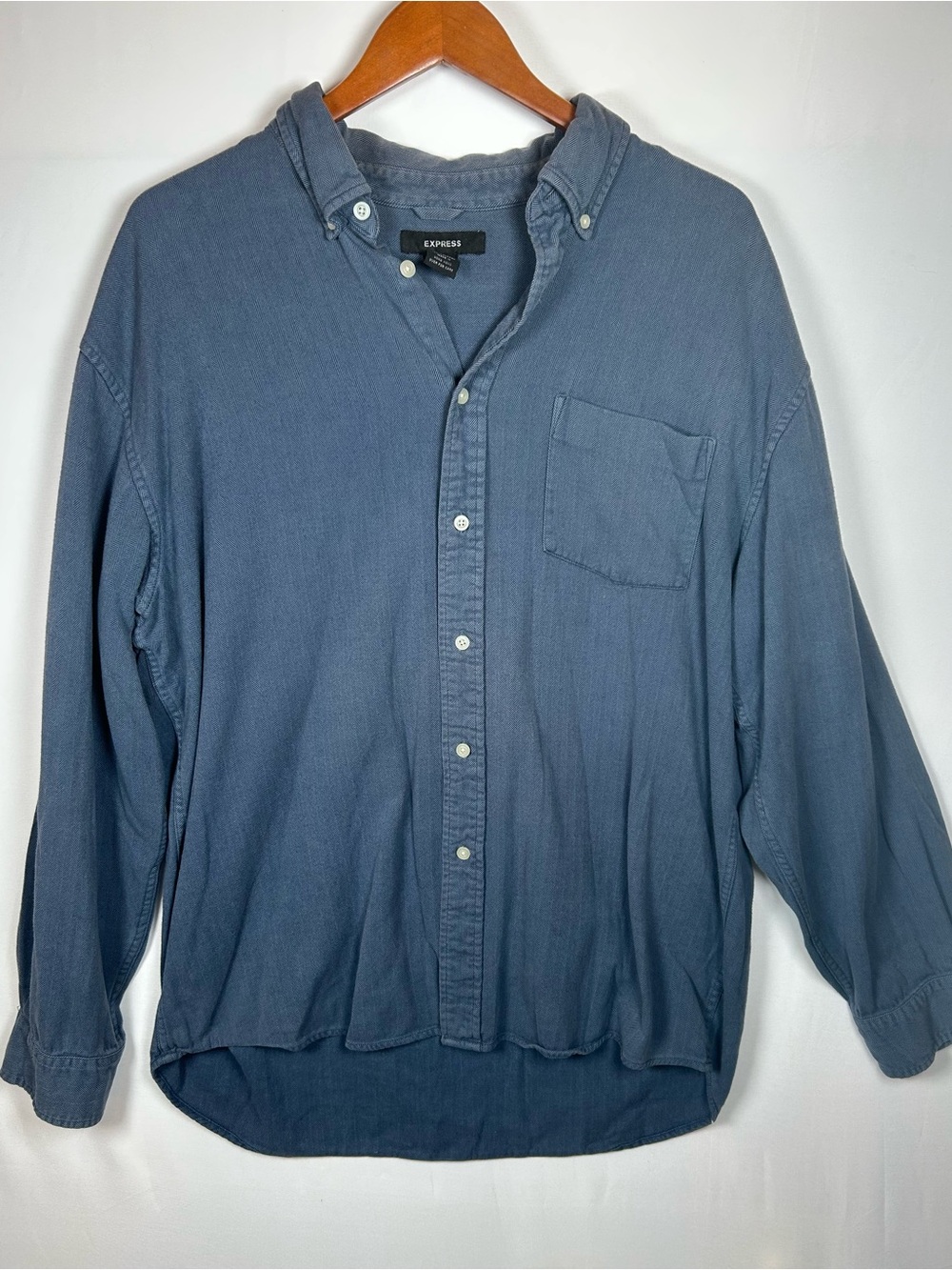 Express Men's XL Heritage Blue Herringbone Twill Button Down Shirt Long Sleeve